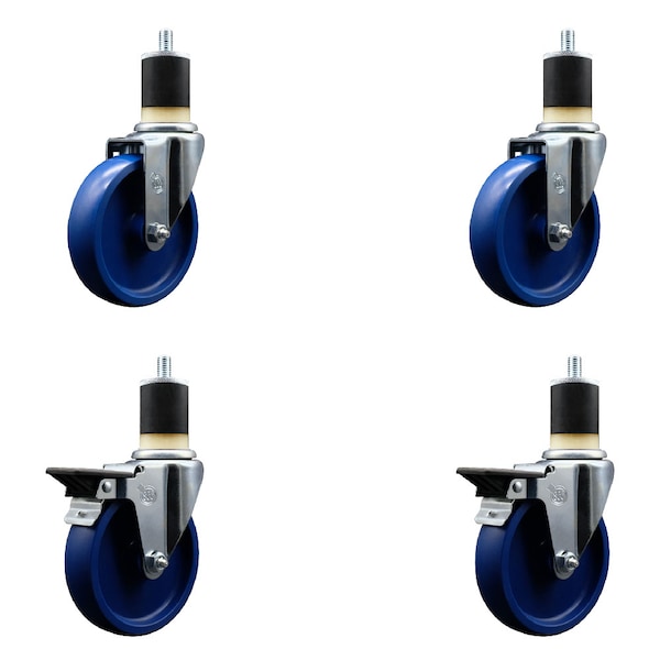 5'' Solid Poly Wheel Swivel 1-7/8'' Expanding Stem Caster Set 2 Brakes, 4PK